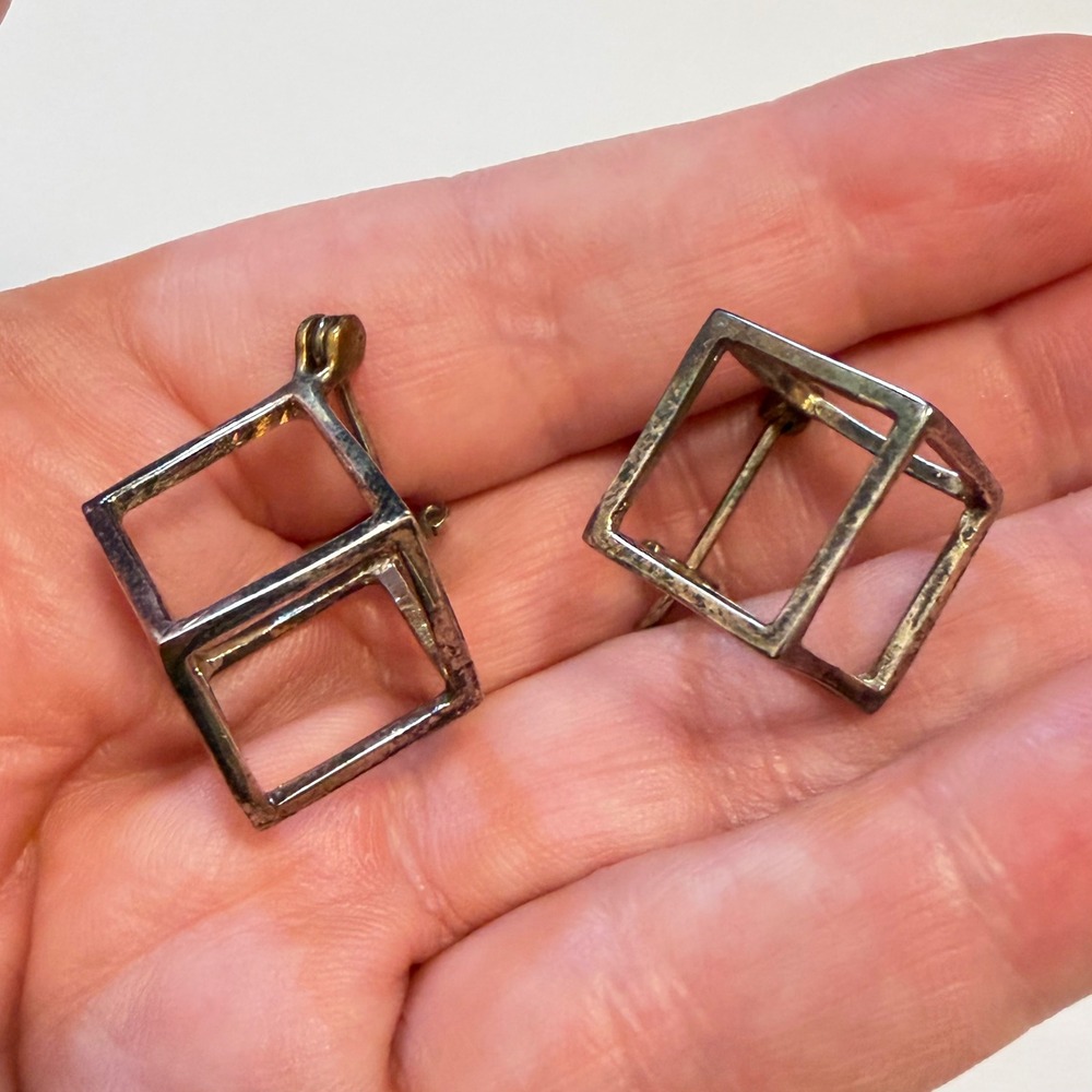 Vintage Sterling Silver 3D Cube Earrings Geometric Modernist Latch Back 5.7g